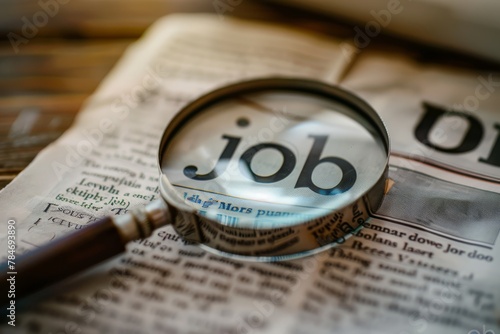 Magnifying glass over 'job' word in classified ads, illustrating the focus on employment search..