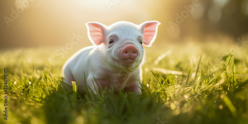 Adorable Piglet Basking in Sunlit Pasture - Farm Animal Charm