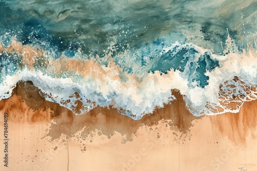 This painting captures the dynamic scene of a beach with waves crashing onto the shore, A watercolor splash mimicking waves on a sandy beach, AI Generated