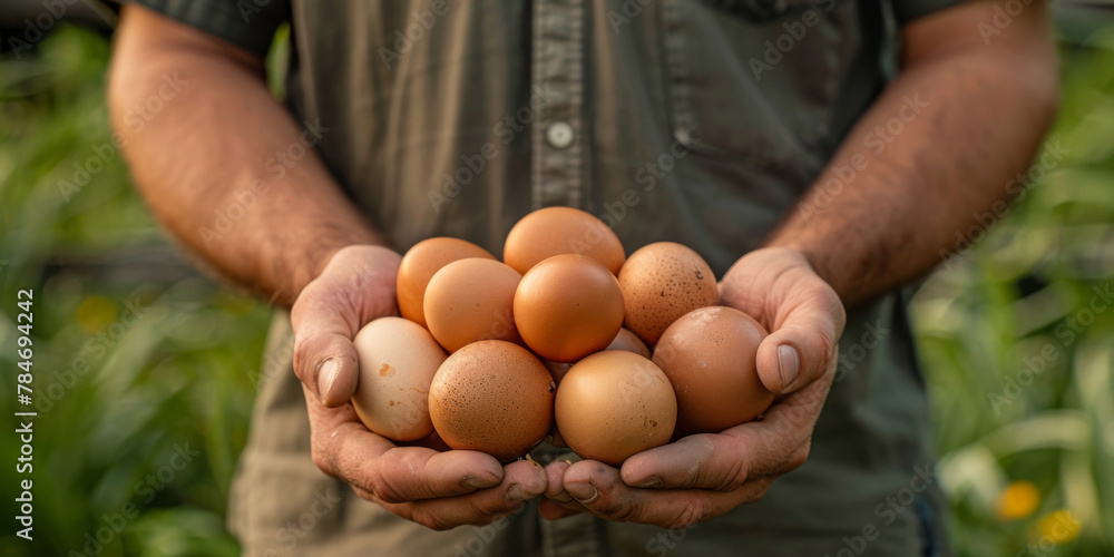 Farmer Holding Fresh Brown Eggs in a Sustainable Farm Setting Farmer Holding Fresh Brown Eggs in a Sustainable Farm Setting