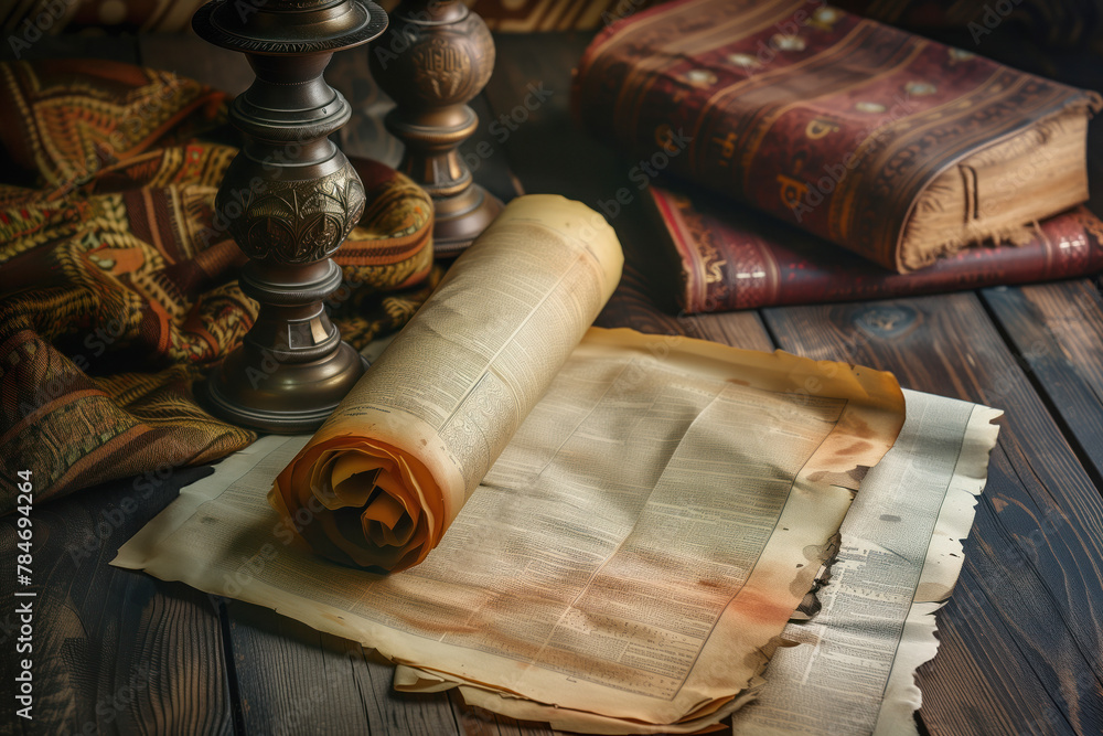 Old torah scroll rests on ancient papyrus at desk table AI Generative