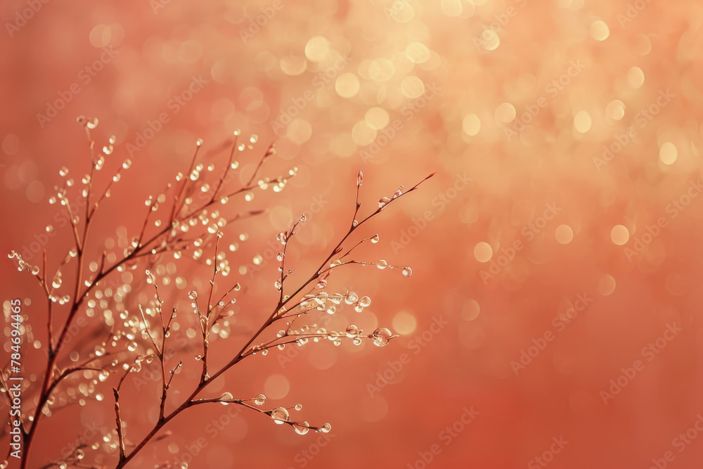 Naklejka premium Dewdrops on Twigs Against a Warm Bokeh Background