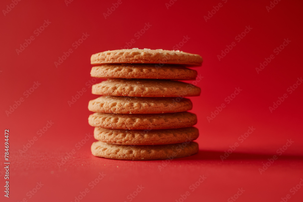 Crisp Golden Sandwich Cookies Stacked on Vibrant Red Background Crisp Golden Sandwich Cookies Stacked on Vibrant Red Background