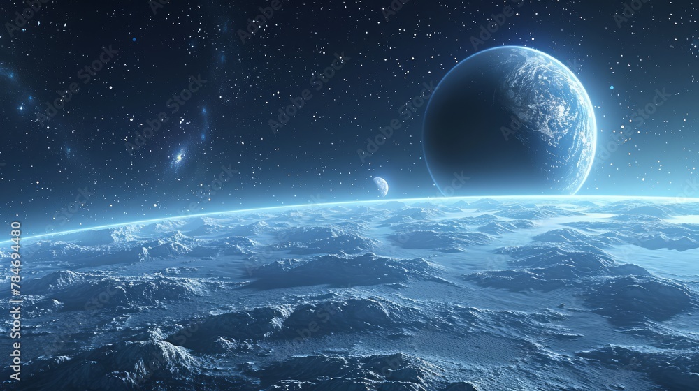 A serene 3D rendering showcases a tranquil distant planet, with a blue hue, visible oceans, and clouds, surrounded by moons against a starry sky.