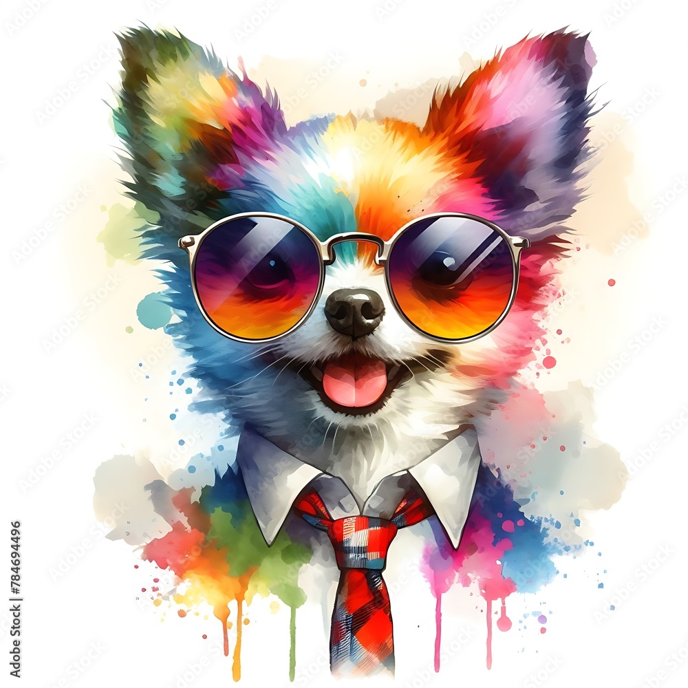 Cartoon Chihuahua Dog: Abstract Watercolor Painting with Colorful Details and Sunglasses, Perfect for T-shirt Prints or High-Quality Wall Art.
