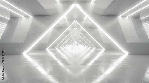 3D rendering of an empty, long corridor with a futuristic triangle tunnel, and bright white LED lights lining the edges, creating a high contrast, modern look