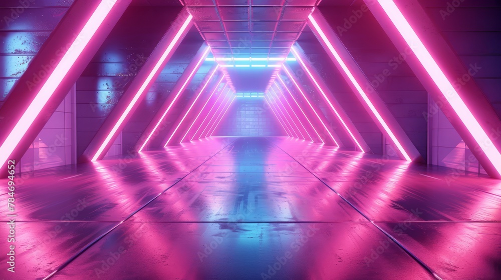 A vibrant, neon-lit corridor with pink and white lights, showcasing a modern, futuristic design with a deep perspective.