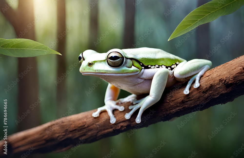 A frog sits on a log in a tropical environment wildlife photography
 - obrazy, fototapety, plakaty 