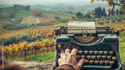 An old typewriter sits on a wooden table in a lush green vineyard. photo