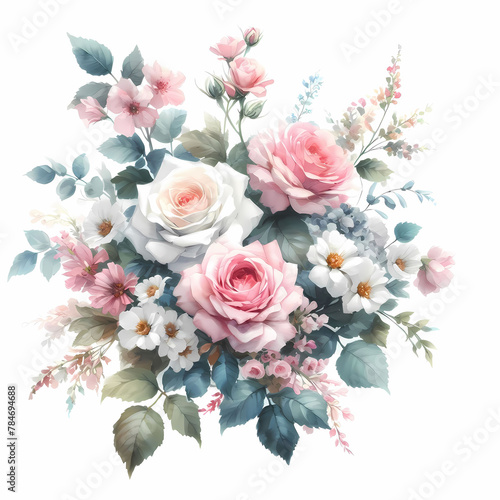 Vintage floral bouquet with roses, peonies and hydrangea flowers in pastel colors isolated on white background. © BERMED