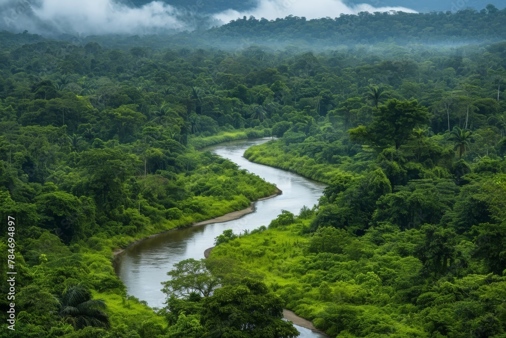 A river flows through a dense and vibrant green forest, surrounded by trees and vegetation, A winding river in the heart of the rainforest, AI Generated