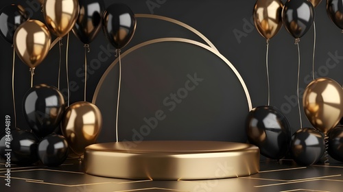 Round black podium is decorated with gold and black balloons. on an abstract black background exhibition area, studio or cosmetic and advertising stage. 