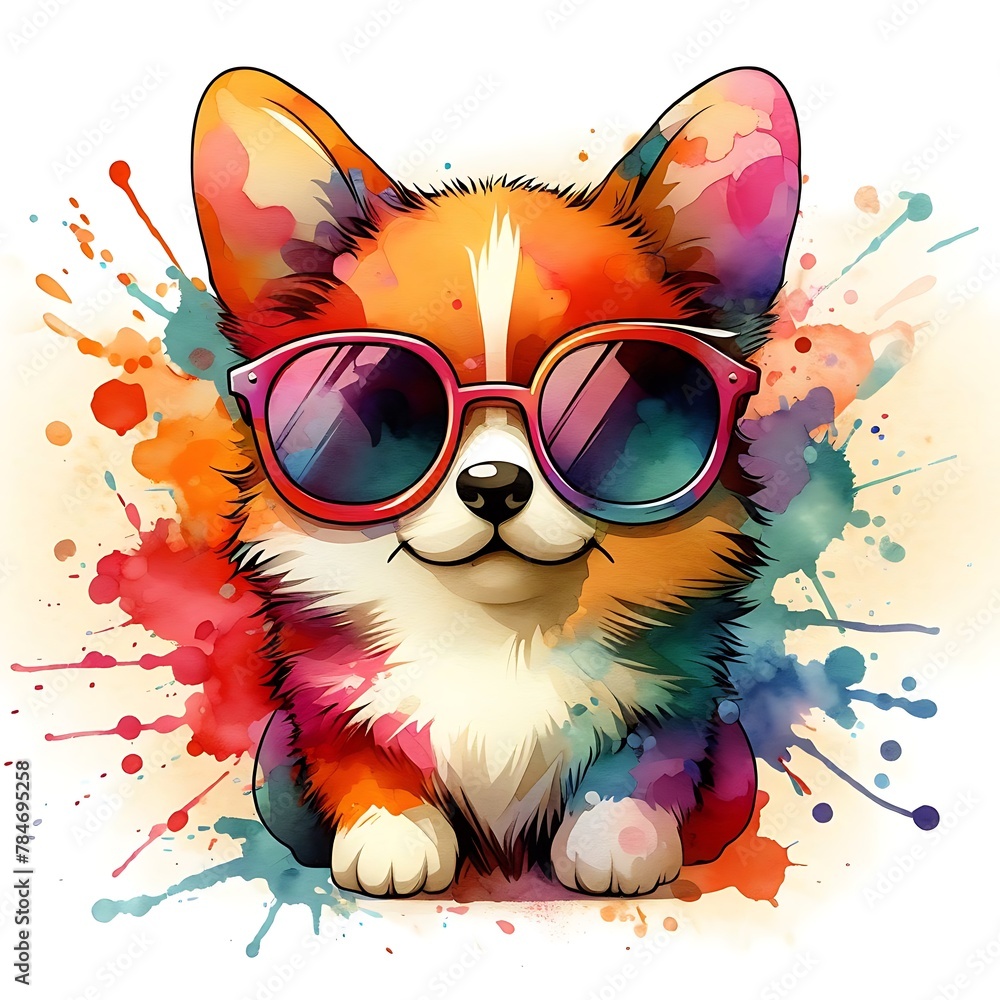 Fototapeta Cartoon Corgi Dog: Abstract Watercolor Painting with Colorful Details and Sunglasses, Perfect for T-shirt Prints or High-Quality Wall Art.