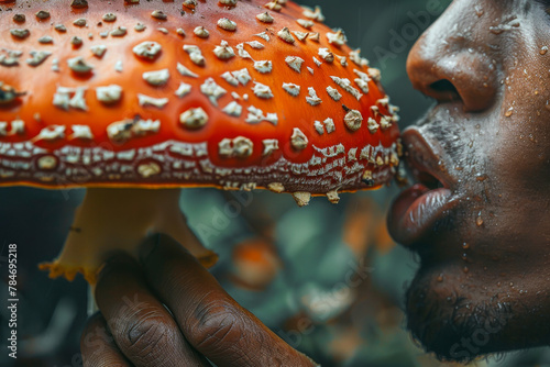 Close-up of Person Smelling Red Amanita Mushroom