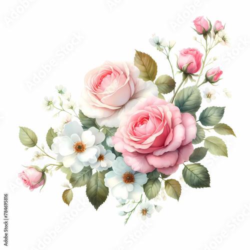 Vintage floral bouquet with roses, peonies and hydrangea flowers in pastel colors isolated on white background.