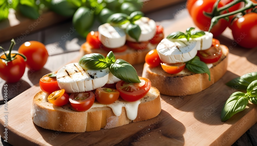 Bruschetta with cherry tomatoes, mozzarella cheese and basil in sun rays on wooden board. Traditional Italian appetizer, snack or antipasto. Vegetarian food. Healthy eating. Mediterranean food.
