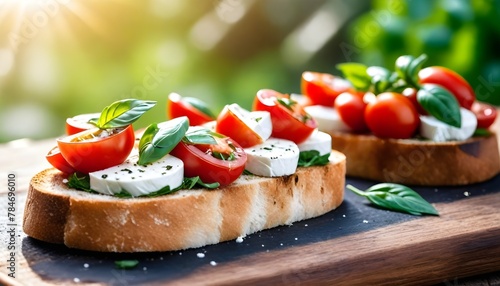 Bruschetta with cherry tomatoes, mozzarella cheese and basil in sun rays on wooden board. Traditional Italian appetizer, snack or antipasto. Vegetarian food. Healthy eating. Mediterranean food.