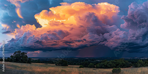 Breathtaking Panoramic View of a Vibrant Sunset Cloudscape Over a Serene Landscape