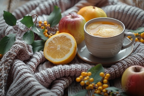 Cozy cup of coffee with fruits