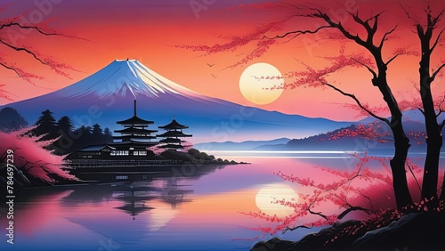 Serene landscape with mountain  pagoda in background. For meditation apps  on covers of books about spiritual growth  in designs for yoga studios  spa salons  illustration for articles on inner peace.