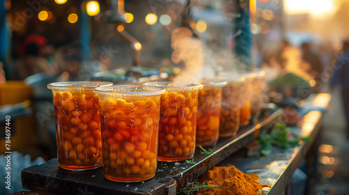 Colorful chai corner: Aromatic masala chai brews in large pots, filling the air with its comforting fragrance as vendors skillfully pour steaming cups of the spicy, sweet elixir