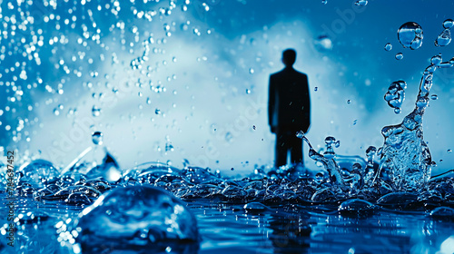 A silhouette of a man walking through a surreal landscape of water droplets and blue hues