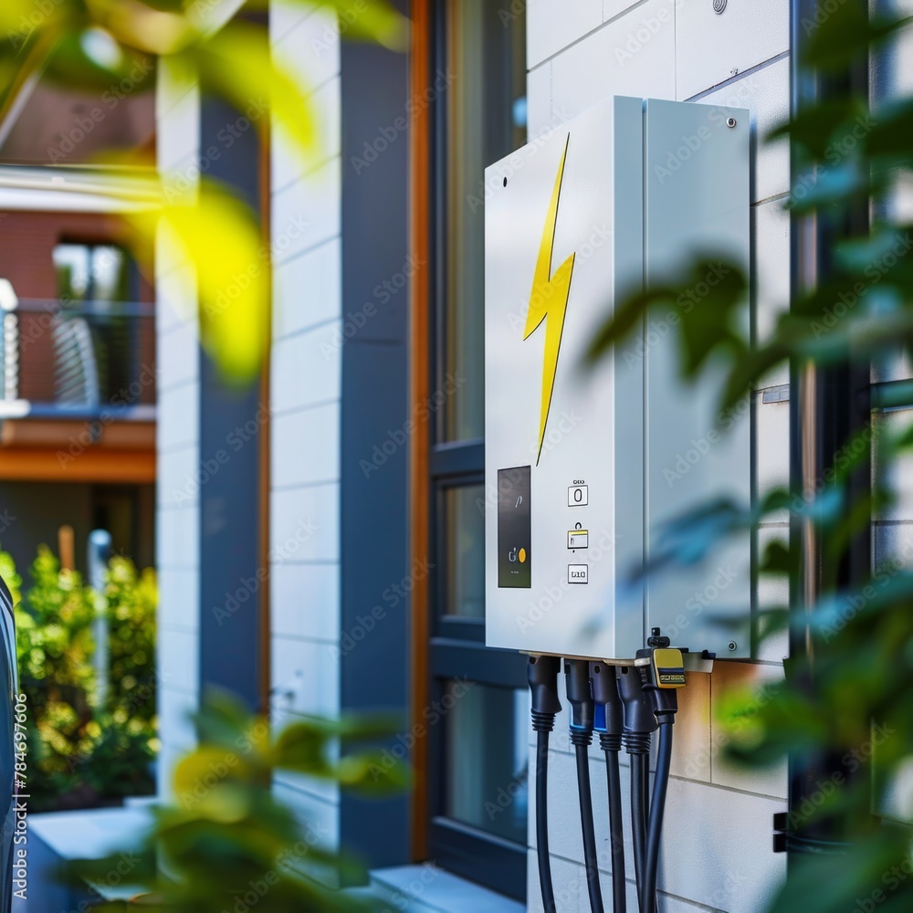 a white and yellow lightning bolt logo adorns the side of an outdoor home electrical panel, with charging station for electric vehicles. A car is seen in the background,
a white and yellow lightning bolt logo adorns the side of an outdoor home electrical panel, with charging station for electric vehicles. A car is seen in the background,