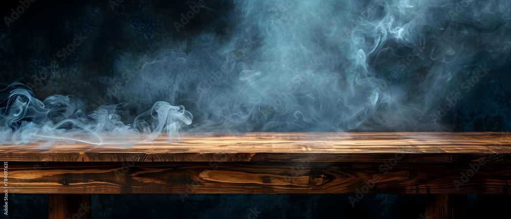 Mystical Mist over Wooden Surface - Ideal for Showcasing Products. Concept Misty Background, Wooden Surface, Product Showcase, Mystical Setting, Moody Aesthetic