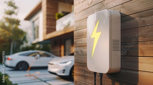a white and yellow lightning bolt logo adorns the side of an outdoor home electrical panel, with charging station for electric vehicles. A car is seen in the background, 
 photo