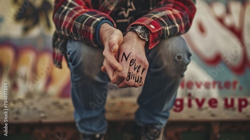 A man is seated on a bench, holding his hands in a tight grip with quote "Never give up."