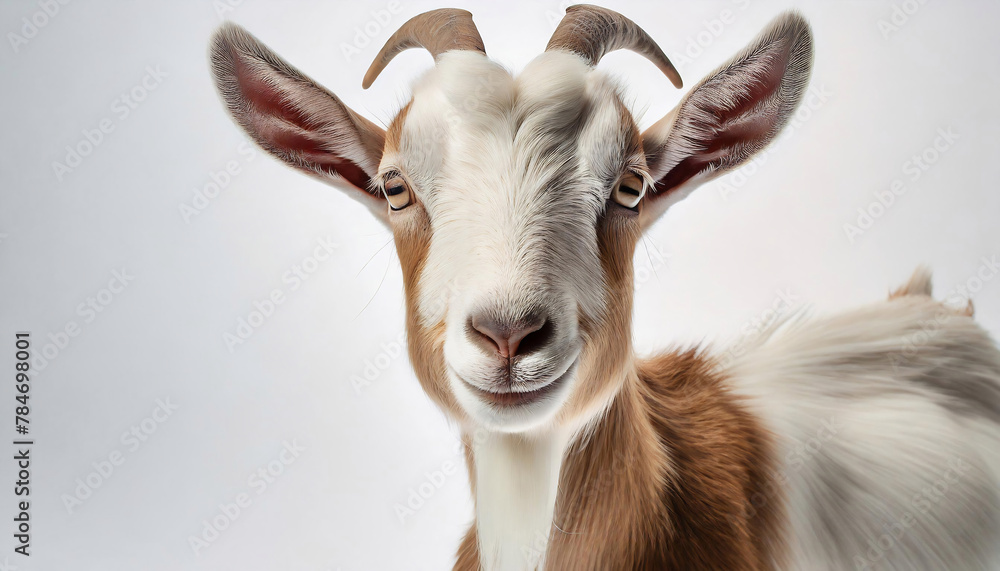 A close-up of a goat with brown and white fur and curved horns stands against a blurred natural background. A close-up of a goat with brown and white fur and curved horns stands against a blurred natural background.