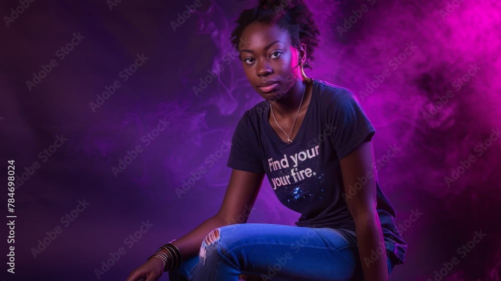 A young woman seated on a stool, wearing jeans, poses in front of a deep purple backdrop t shirt with quote 