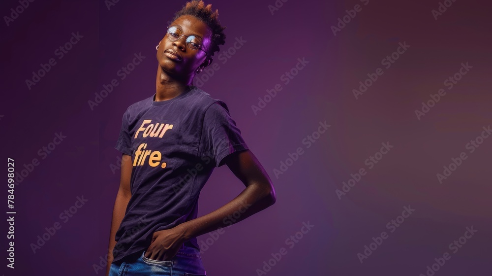 A determined young woman in jeans stands confidently against a deep purple backdrop, showcasing a t shirt with quote 