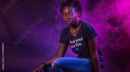 A young woman seated on a stool, wearing jeans, poses in front of a deep purple backdrop t shirt with quote "Find your fire."