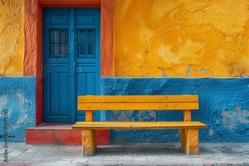 Colorful bench and door in vividly painted alley