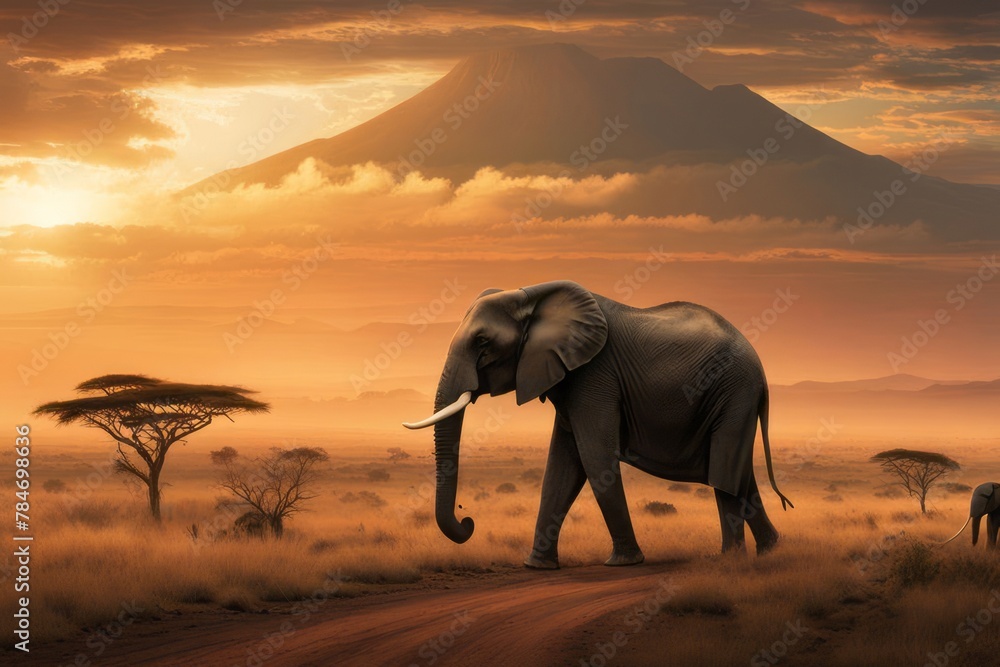 Fototapeta premium Paisagem da savana africana ao por do sol, hora de ouro, um elefante em primeiro plano e ao fundo o monte Kilimanjaro. Gerado com IA