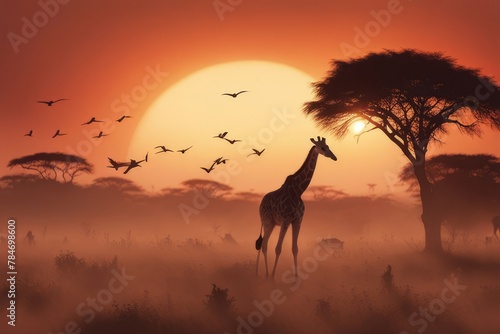 Paisagem da savana africana ao por do sol, hora de ouro, e a silhueta de uma girafa em primeiro plano  photo