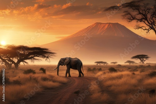 Paisagem da savana africana ao por do sol, hora de ouro, um elefante em primeiro plano e ao fundo o monte Kilimanjaro. Gerado com IA photo