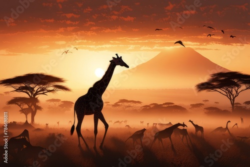 Paisagem da savana africana ao por do sol, hora de ouro, e a silhueta de uma girafa em primeiro plano 