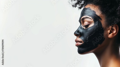 Woman with black purifying mask on her face generative ai photo