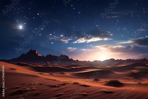 a moonlit desert landscape with towering sand dunes and a star filled sky