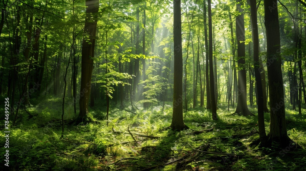 A serene forest scene with dappled light filtering through the canopy, creating a peaceful and naturalistic setting.