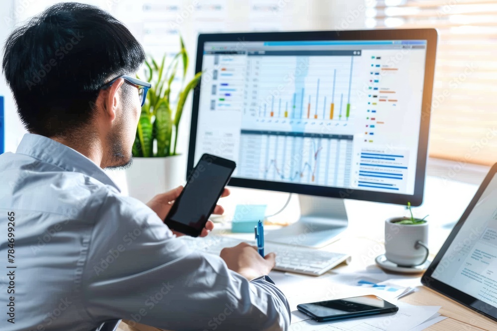 Visual representation of a project manager updating tasks with milestones progress planning and Gantt chart scheduling diagram, alongside a businessperson using a smartphone, tablet, and laptop. Visual representation of a project manager updating tasks with milestones progress planning and Gantt chart scheduling diagram, alongside a businessperson using a smartphone, tablet, and laptop.