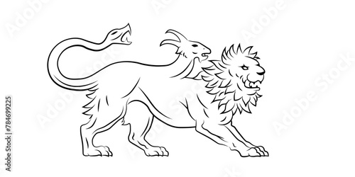 Heraldic chimera. Lion, goat head, snake tail. Symbol, sign, line, icon, silhouette, tattoo. Lines. Isolated vector illustration.