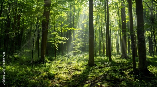 A serene forest scene with dappled light filtering through the canopy  creating a peaceful and naturalistic setting.