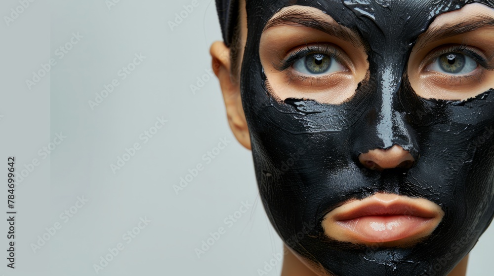 Woman with black purifying mask on her face generative ai Woman with black purifying mask on her face generative ai