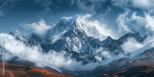 Majestic Snow-Capped Mountain Peak Amidst Clouds and Blue Skies
