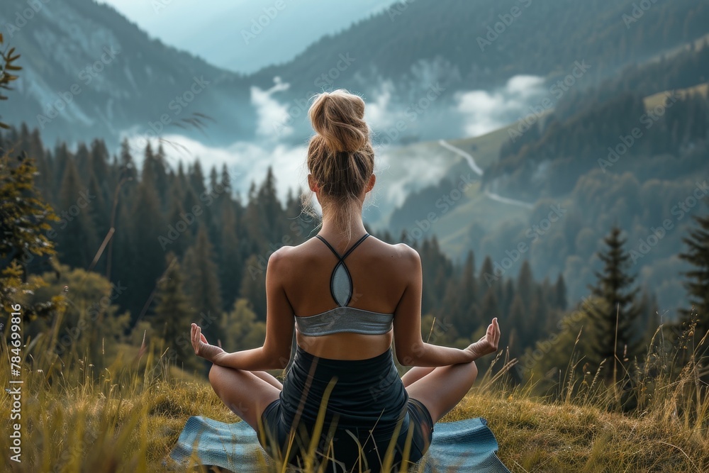 A woman sitting in a yoga position on a mountain, focusing on her breathing and balancing her body, A woman practicing yoga in a peaceful mountain setting, AI Generated