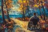 This painting depicts a man in a wheelchair navigating a path, showcasing strength and perseverance, A work in the style of impressionism showing a human in a wheelchair, AI Generated