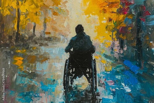 This photo captures a detailed painting of a person in a wheelchair, showcasing their unique mobility device, A work in the style of impressionism showing a human in a wheelchair, AI Generated © Ifti Digital